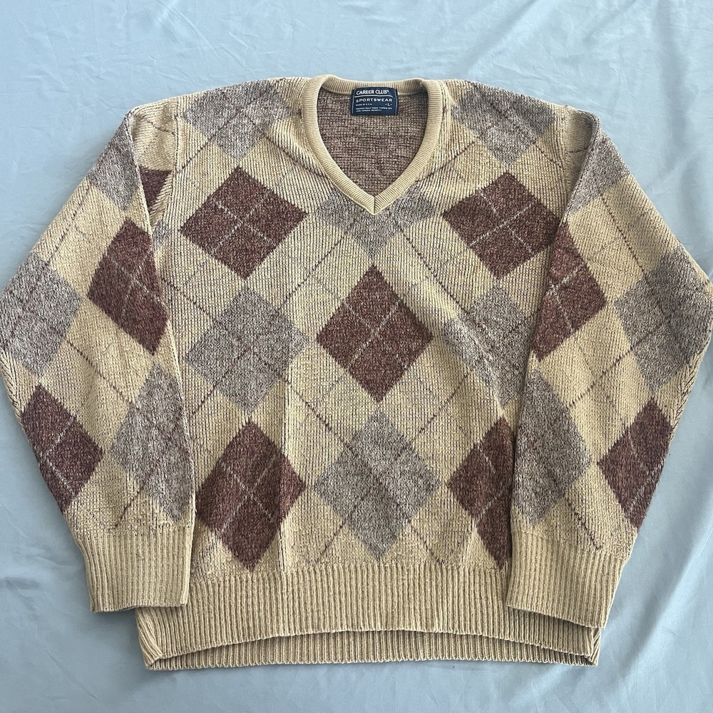Vtg Career Club Sportswear Sweater Men's Large Beige Argyle V-Neck Preppy USA